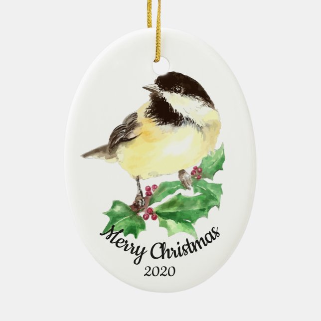 Custom Dated Christmas Watercolor Chickadee Bird Ceramic Ornament (Back)