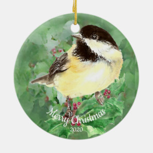 Custom Dated Christmas Watercolor Chickadee Bird Ceramic Ornament