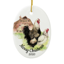 Custom Dated Christmas Watercolor Chicken Bird Ceramic Ornament
