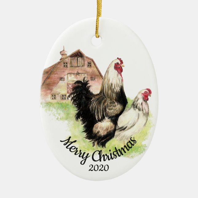 Custom Dated Christmas Watercolor Chicken Bird Ceramic Ornament (Front)