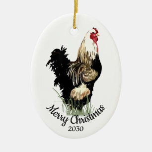 Custom Dated Christmas Watercolor Chicken Bird Ceramic Ornament