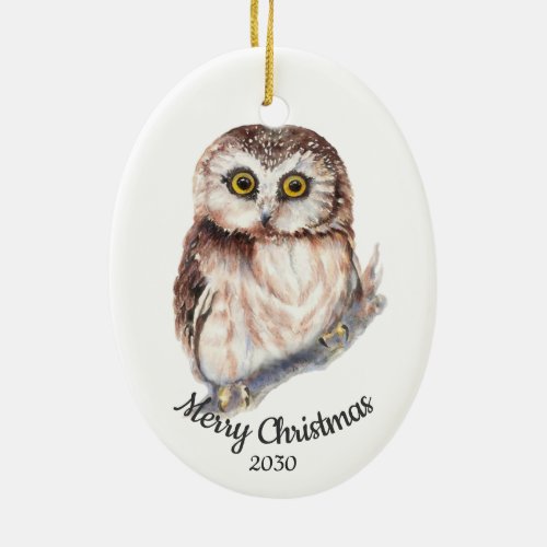 Custom Dated Christmas Watercolor Cute Owl Bird Ceramic Ornament