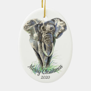 Custom Dated Christmas Watercolor Elephant Ceramic Ornament