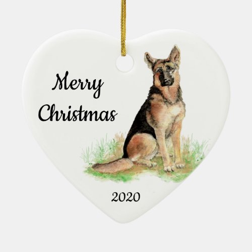 Custom Dated Christmas Watercolor German Shepherd Ceramic Ornament