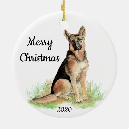 Custom Dated Christmas Watercolor German Shepherd Ceramic Ornament