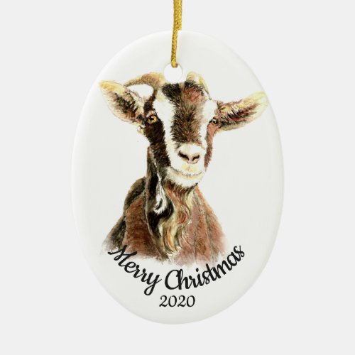 Custom Dated Christmas Watercolor Goat Farm Animal Ceramic Ornament