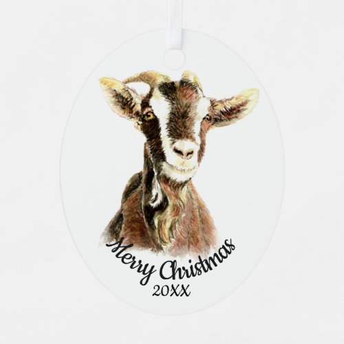 Custom Dated Christmas Watercolor Goat Farm Animal Metal Ornament