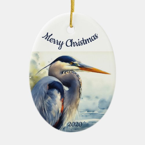 Custom Dated Christmas Watercolor Great Blue Heron Ceramic Ornament