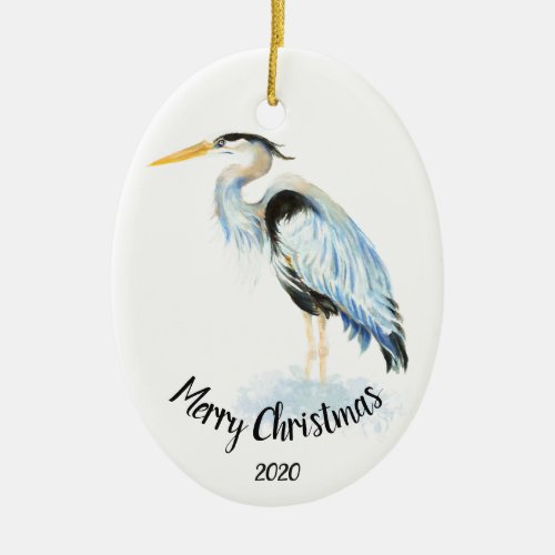 Custom Dated Christmas Watercolor Great Blue Heron Ceramic Ornament