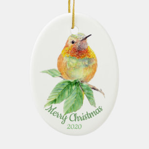 Custom Dated Christmas Watercolor Hummingbird Bird Ceramic Ornament