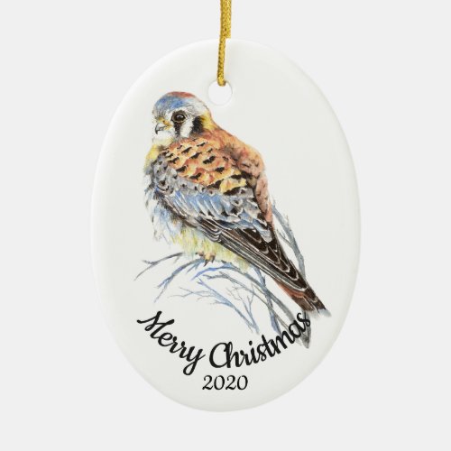 Custom Dated Christmas Watercolor Kestrel Falcon Ceramic Ornament