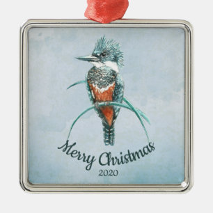 Custom Dated Christmas Watercolor Kingfisher Bird Metal Ornament