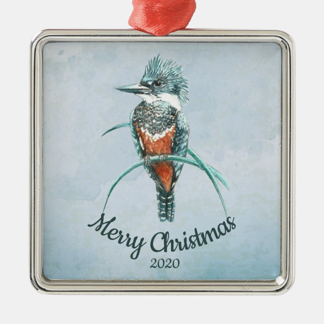 Custom Dated Christmas Watercolor Kingfisher Bird  Metal Ornament (Front)