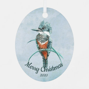 Custom Dated Christmas Watercolor Kingfisher Bird Metal Ornament