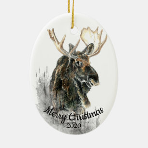 Custom Dated Christmas Watercolor Moose Animal Art Ceramic Ornament
