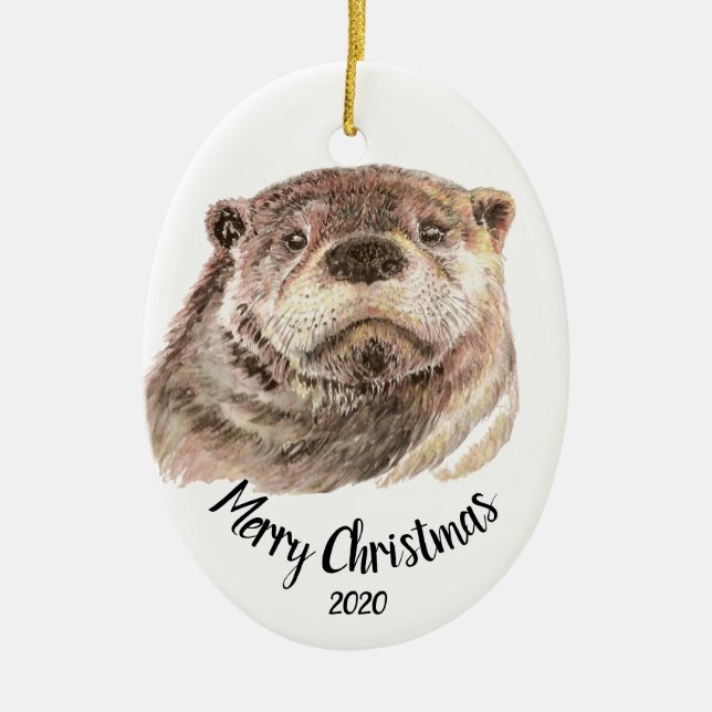 Custom Dated Christmas Watercolor Otter Animal Ceramic Ornament (Front)