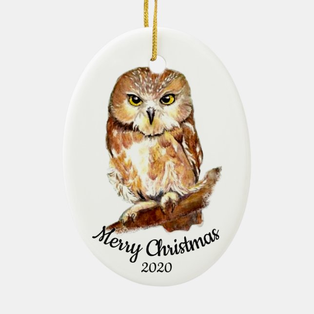 Custom Dated Christmas  Watercolor Owl Bird Ceramic Ornament (Back)