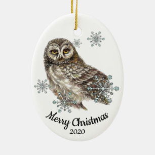 Custom Dated Christmas Watercolor Owl Bird Snow Ceramic Ornament