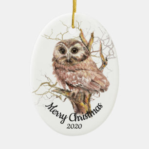 Custom Dated Christmas Watercolor Owl in Tree Ceramic Ornament