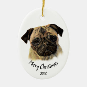 Custom Dated Christmas Watercolor Pug Dog Pet Ceramic Ornament