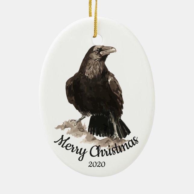 Custom Dated Christmas Watercolor Raven Bird Ceramic Ornament (Back)