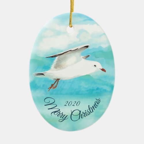 Custom Dated Christmas Watercolor Seagull Bird Ceramic Ornament