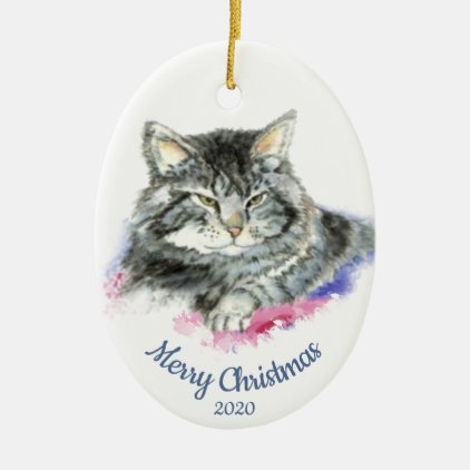 Custom Dated Christmas Watercolor Tabby Cat Ceramic Ornament