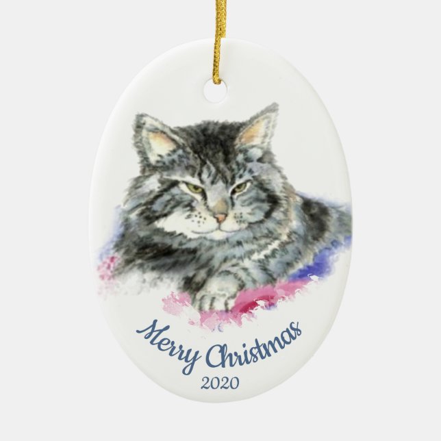 Custom Dated Christmas Watercolor Tabby Cat Ceramic Ornament (Front)