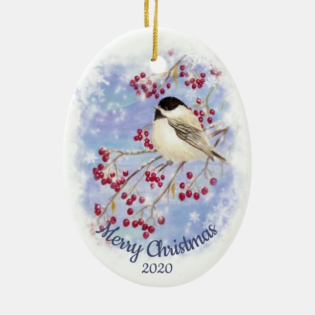 Custom Dated Christmas Watercolor Winter Chickadee Ceramic Ornament (Back)