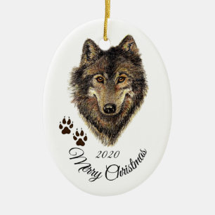 Custom Dated Christmas Watercolor Wolf Head Animal Ceramic Ornament