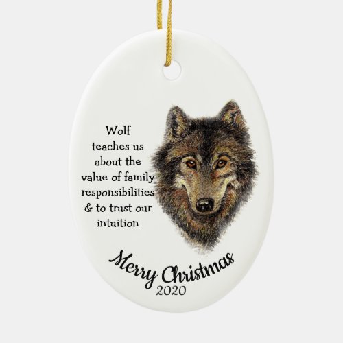 Custom Dated Christmas Watercolor Wolf Totem Art Ceramic Ornament