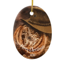 Custom Dated Christmas Western Cowboy Hat Lariat Ceramic Ornament