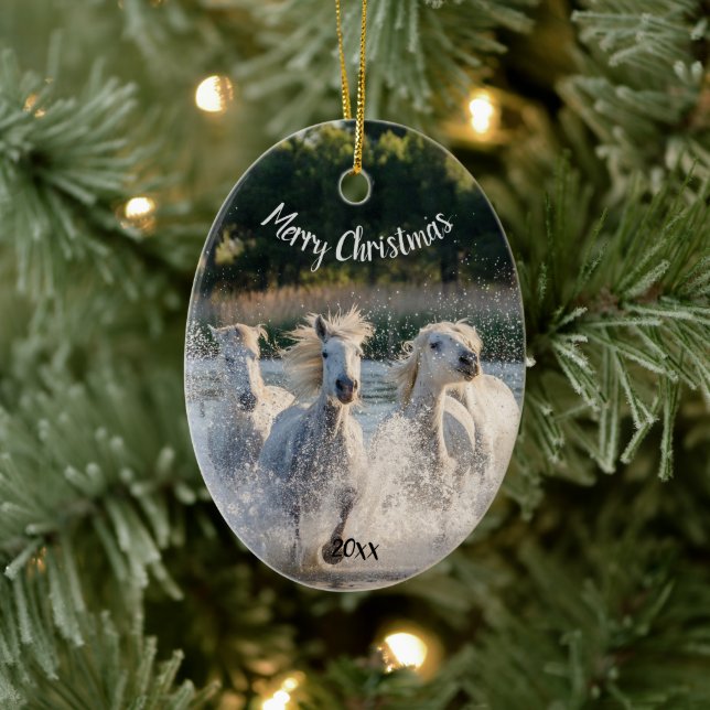 Custom Dated Christmas White Horses Running Ceramic Ornament (Tree)
