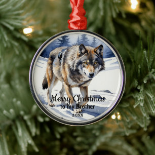 Custom Dated Christmas Wolf Animal Brother Metal Ornament