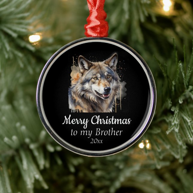 Custom Dated Christmas Wolf Animal Brother Metal Ornament (Tree)