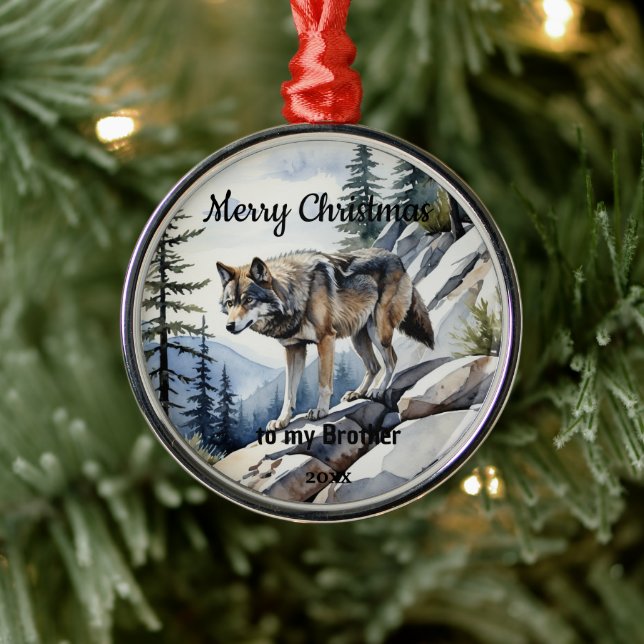 Custom Dated Christmas Wolf Animal Brother Metal Ornament (Tree)