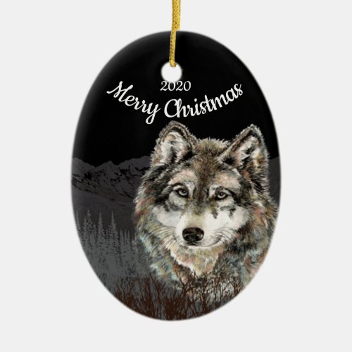 Custom Dated Christmas Wolf Mountain Ceramic Ornament