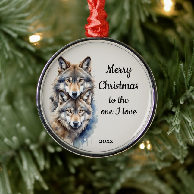 Custom Dated Christmas Wolf One I Love Metal Ornament (Tree)