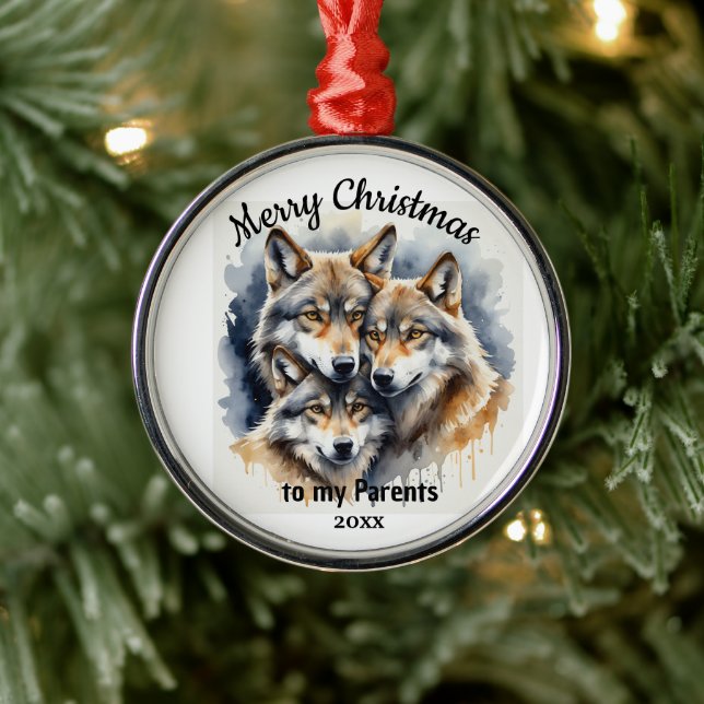Custom Dated Christmas Wolf Parents Brother Metal Ornament (Tree)