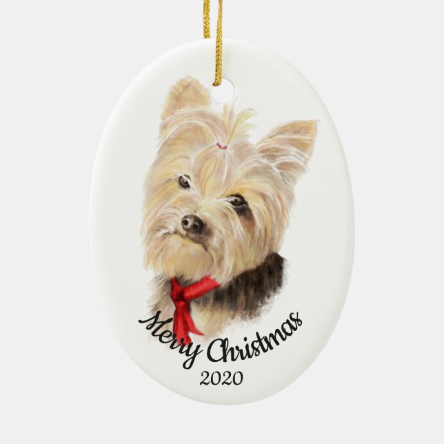 Custom Dated Christmas Yorkshire Terrier Dog Pet Ceramic Ornament (Back)