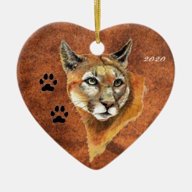 Custom, Dated Cougar, Puma, Mountain Lion Animal Ceramic Ornament (Front)