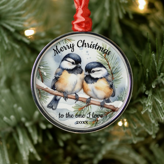 Custom Dated Cute Chickadee BirdsOne I Love Metal Ornament (Tree)