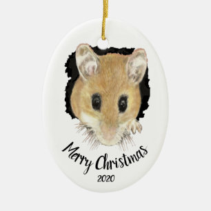 Custom Dated Cute Mouse Peeking Merry Christmas Ceramic Ornament