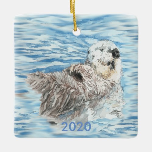 Custom Dated Cute Otter Floating Blue Water Ceramic Ornament