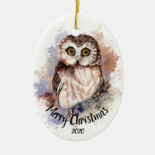Custom Dated Cute Owl Bird Merry Christmas Ceramic Ornament