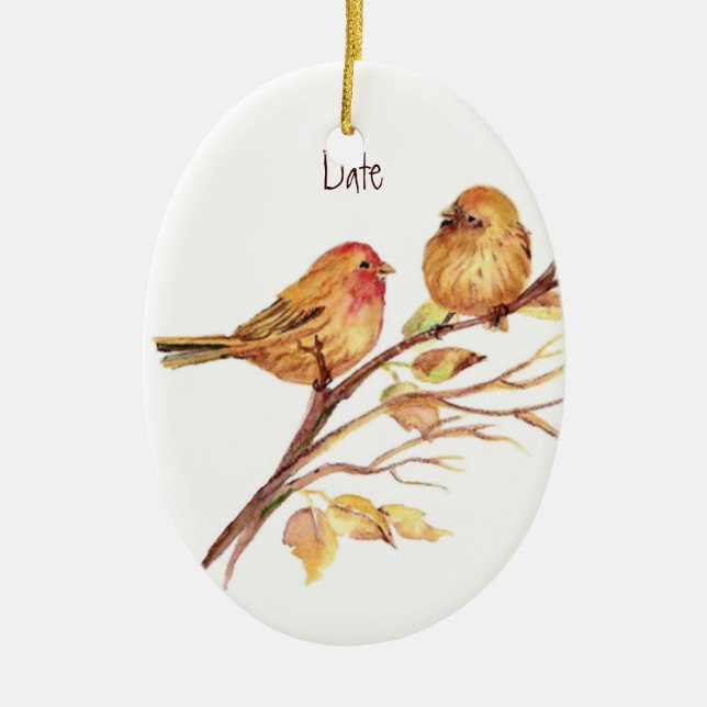 Custom Dated Cute Sparrow Bird Couple Ceramic Ornament (Front)
