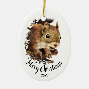 Custom Dated Cute Squirrel Peeking Merry Christmas Ceramic Ornament