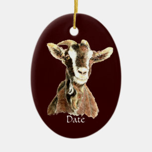 Custom Dated Cute Watercolor Goat Farm Animal Ceramic Ornament