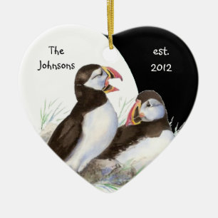 Custom Dated Family Monogram & Puffins Birds Ceramic Ornament
