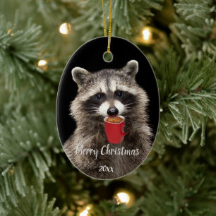 Custom Dated Fun Raccoon Drinking Coffee  Ceramic Ornament